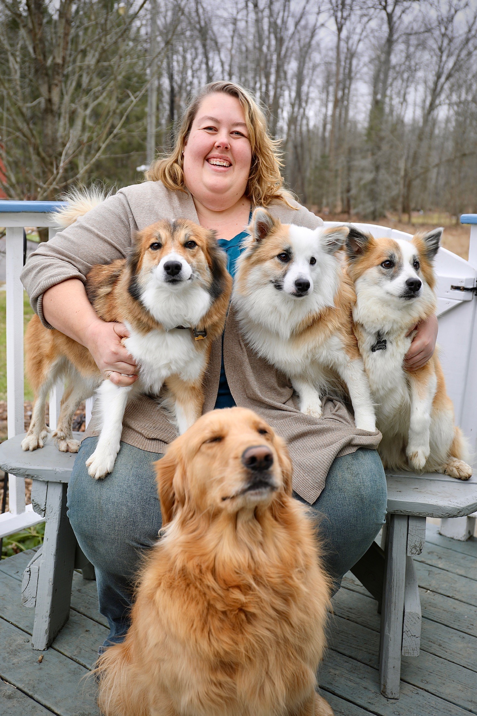 4-H Educator, Lynne Wahlstrom, surrounded by 3 Icelandic Sheepdogs and a Golden Retriever