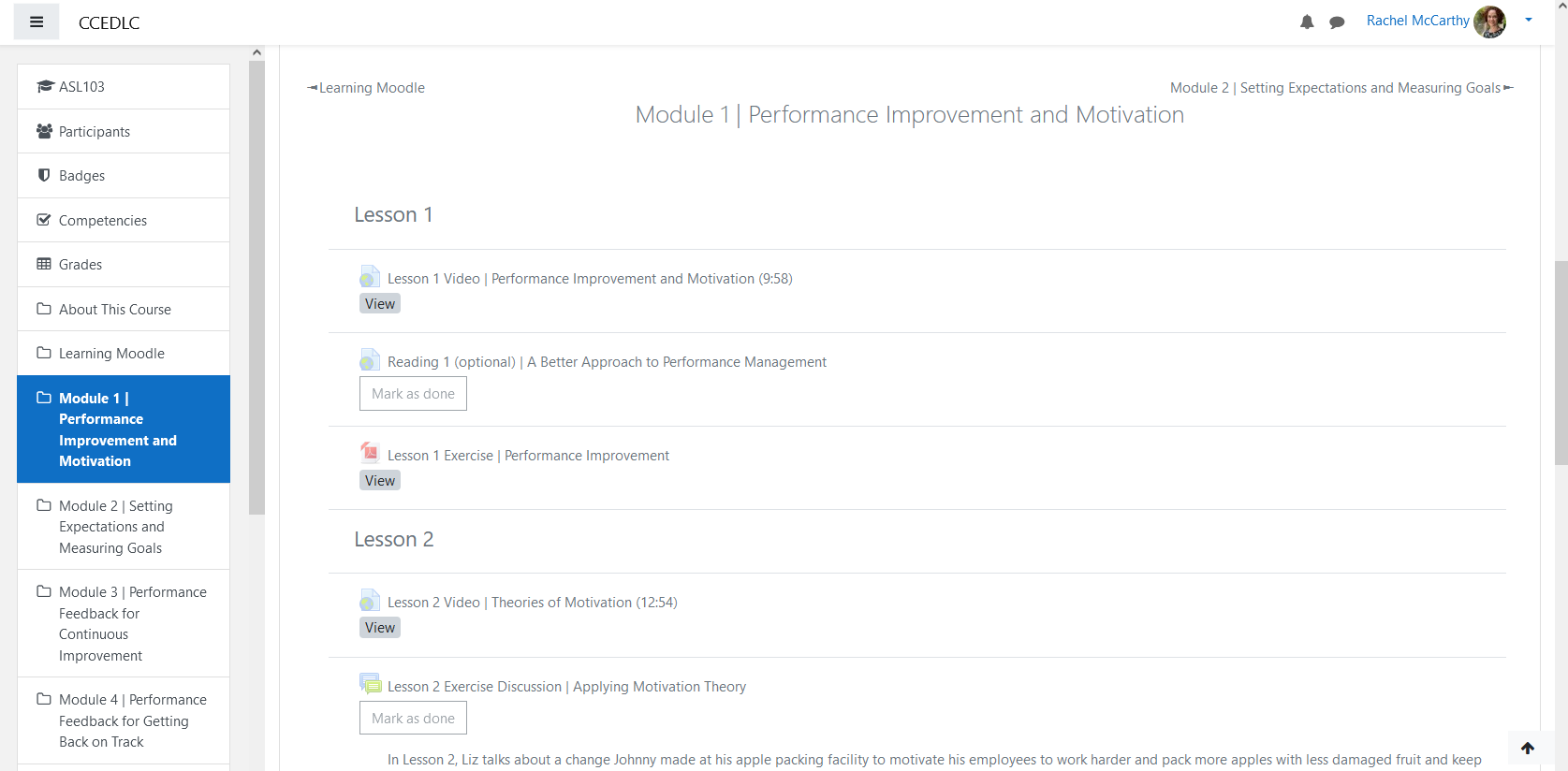 Outline of module 1 showing different resource links.
