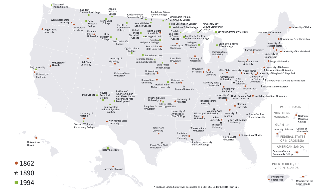 A map of all USDA National Institute of Food and Agriculture (NIFA) Land-Grant Universities across the United States