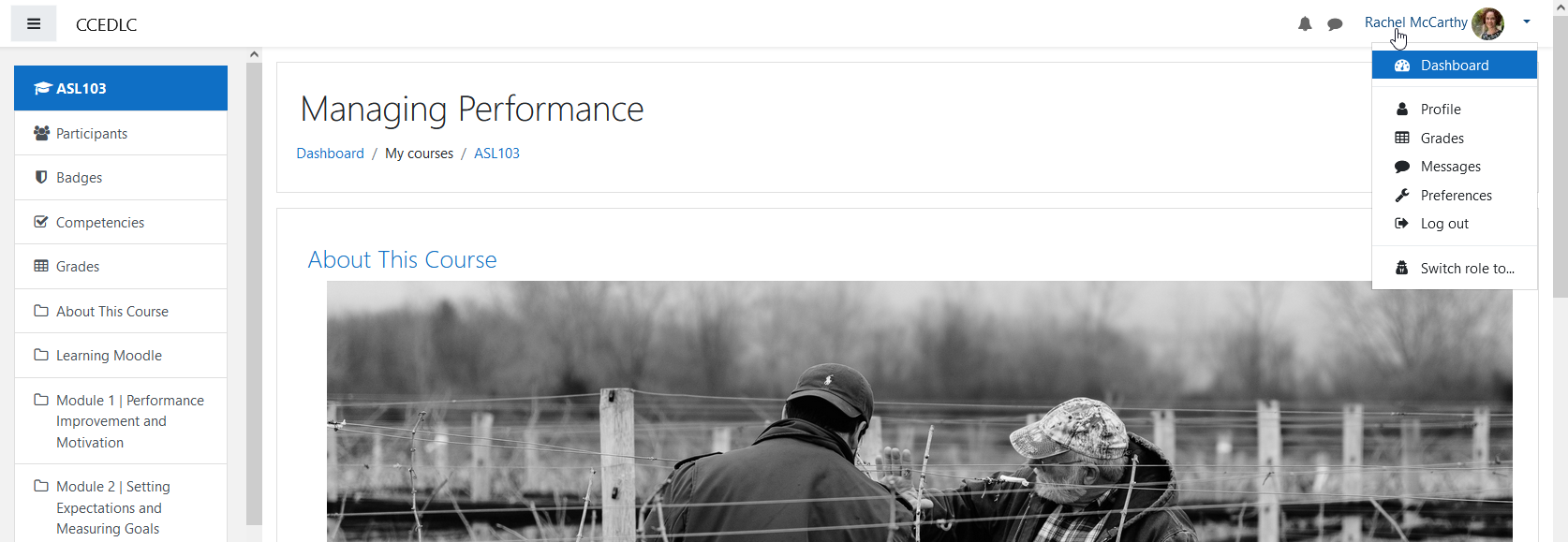 Classroom view with User Menu open in upper right corner of page.