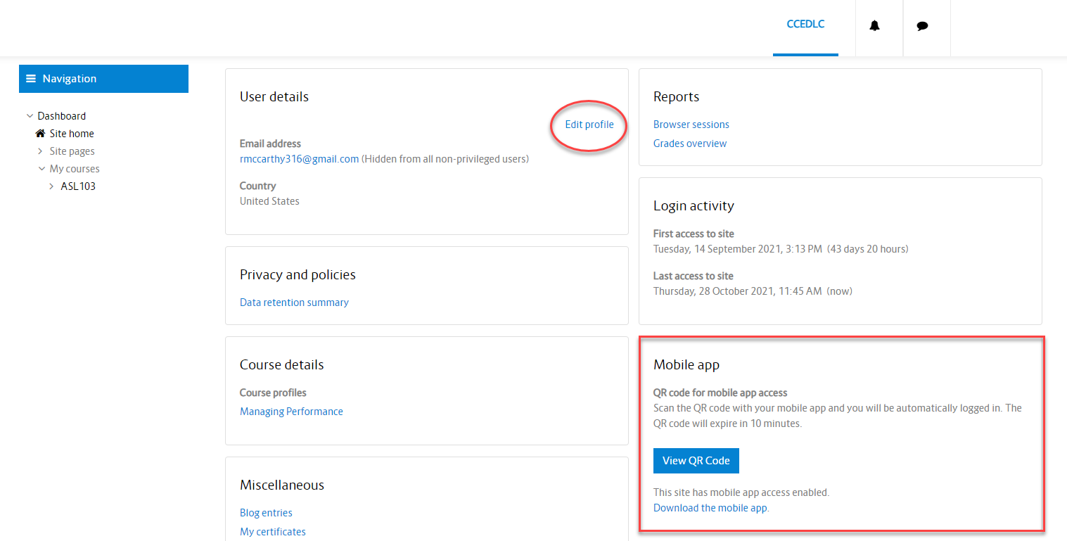 User profile page. Edit profile link is circled in red and within the User Details box. Mobile app QR code is outlined in red