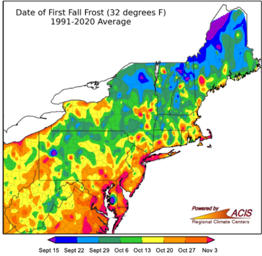 Map of the Northeast showing the date of the first fall frost (32 degrees F) - 1991-2020 Average