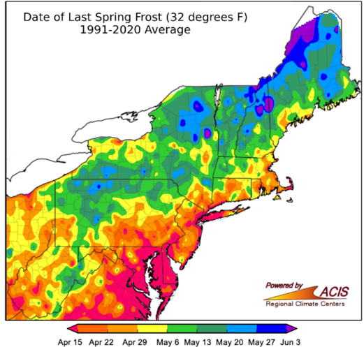 Map of the Northeast showing the date of the last spring frost (32 degrees F) - 1991-2020 Average