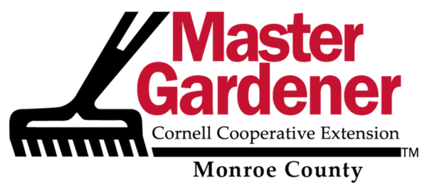 Master Gardener Logo for Monroe County, in red font with a black hard rake

