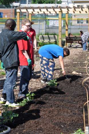 Middle schoolers in the garden